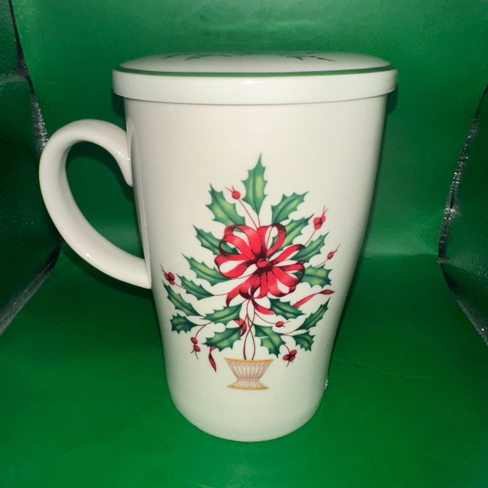 NOS Vintage Lenox Holiday Tree Mug Warmest Wishes w/Lid/Coaster 12oz Bone China
